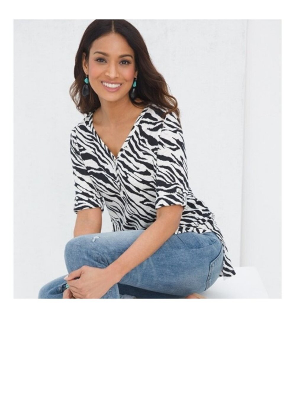 Chico's Black & White Zebra Henley Short Sleeve Top XL